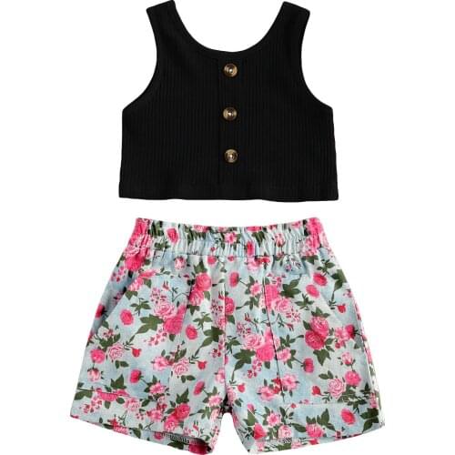 2-6Years Toddler Girls 2PCS Summer Outfits, Sleeveless Button Front Rib Knit Tank Tops + Floral Shorts Set