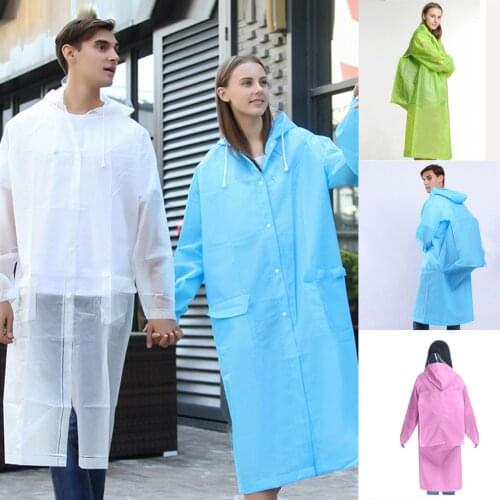 Fashion Women men EVA Transparent Raincoat Portable Outdoor Travel Rainwear Waterproof Camping Hooded Ponchos Plastic Rain Cover
