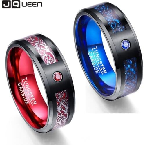 8mm Mens Ring Tungsten Carbide Ring Wedding Band Celtic Dragons Red Green Blue Carbon Fiber Tungsten Ring Comfort Fit