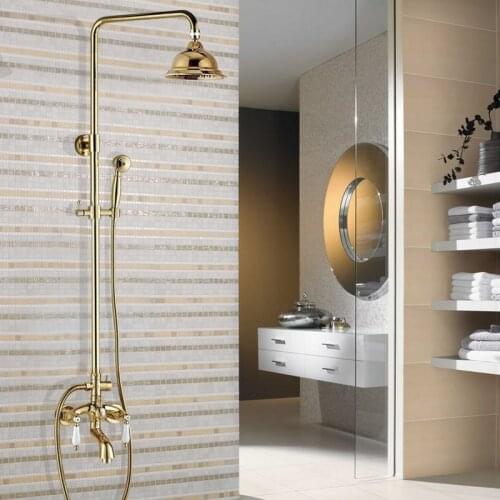 Bathroom Rainfall Shower Set faucet 6.3" Luxury Golden Polished Brass Rain Bath Wall Mounted Shower Set Bathtub Mixer Tap agf426