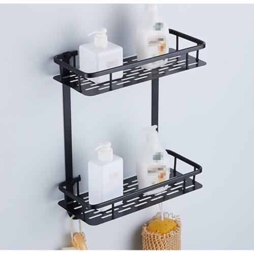 Bathroom Shower Caddy Wall Mounted Black Rectangular Shelves Aluminum Basket Storage Shelf hair dryer holder etagere tipi repisa