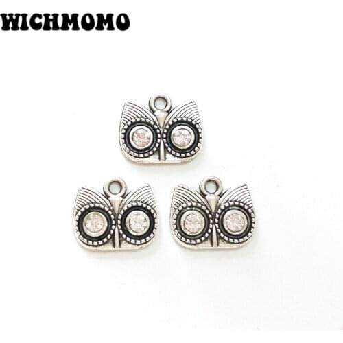 New 10pieces 15mm Retro Plated Zinc Alloy Owl Inlay Crystal Eyes Charms for DIY Necklace Jewelry Accessories