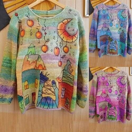 2021 Korean New Fashion Laies Vintage Printed Sweaters Womens Casual Loose Knitted Pullovers Female Streetwear Jumpers