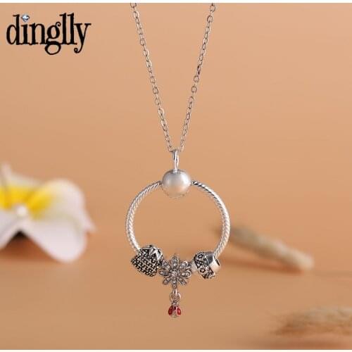 Dinglly Flower Ladybug Pendant Necklace For Women Silver Color Beads Pineapple Charm Necklace Girls Birthday Party Jewelry Gift