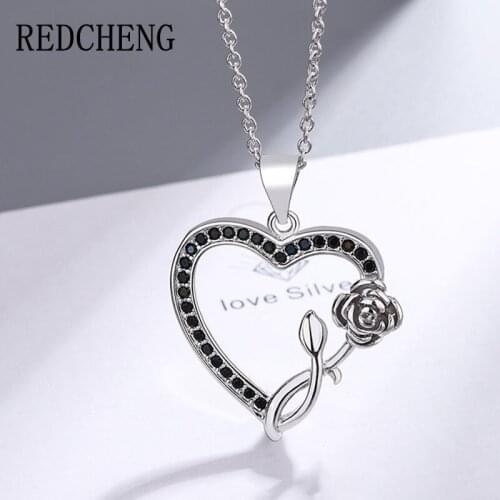 REDCHENG 925 Sterling Silver Micro Pave Zircon Necklaces for Women Trendy Elegant Chic LOVE Heart Rose Engagement Jewelry Gifts