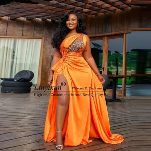 Sexy Aso Ebi African Orange Prom Dresses One Shoulder Sequins Beaded Ruffles Evening Gowns High Split Formal Party Dress