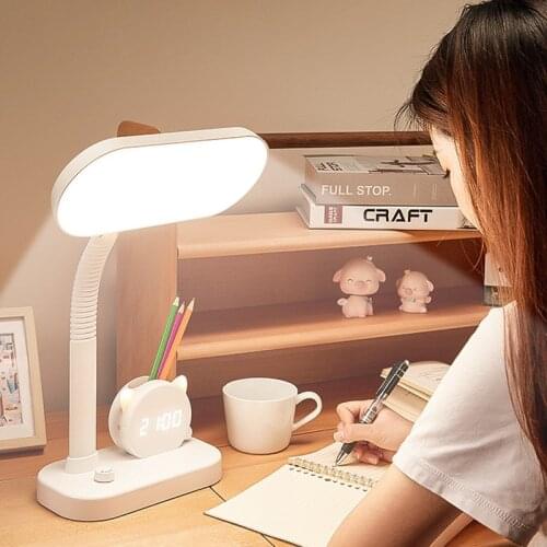 LED Reading Desk Lamp Stepless Dimming USB Rechargeable Light Tri-color Switch Bedside Lamps With Clock Pen Holder Night Lights