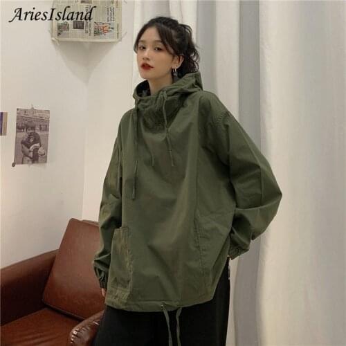Japanese Tooling Hoodies Solid color Korean fashion Long sleeve Womens Sweatshirt Loose street New Autumn Top Female Hoodies
