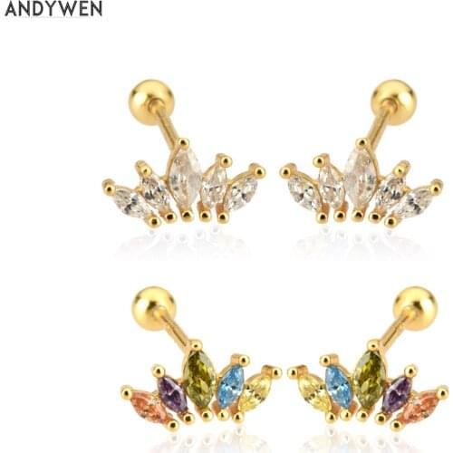 ANDYWEN 925 Sterling Silver Gold Ovals Queen Stud Earring Piercing Clips Rock Punk Wedding Jewelry Gift Luxury Crystal Jewels