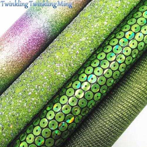 Green Glitter Fabric, Lizard Faux Leather Fabric, Synthetic Leather Sheet For DIY Bows A4 Size 8"x11" Twinkling Ming XM089