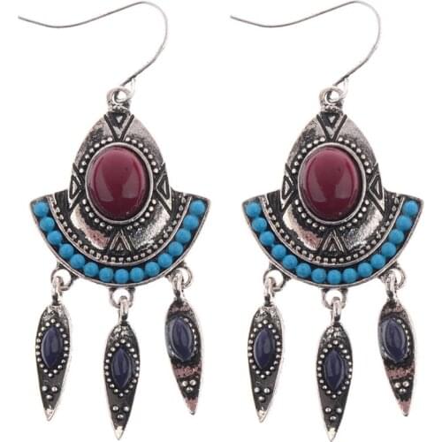 Gypsy Ethnic Red&Blue Beads Silver Color Earrings Alloy Tassel Carved Drop Earring Female Pendientes HQE662