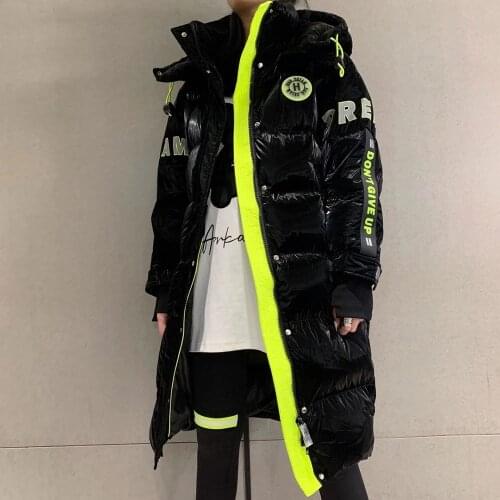 2021 Glossy Winter Down Jacket Female Women Fashion Letter Hooded Long Puffer Snow Coats Warm Winter Parka White Duck Down Coat