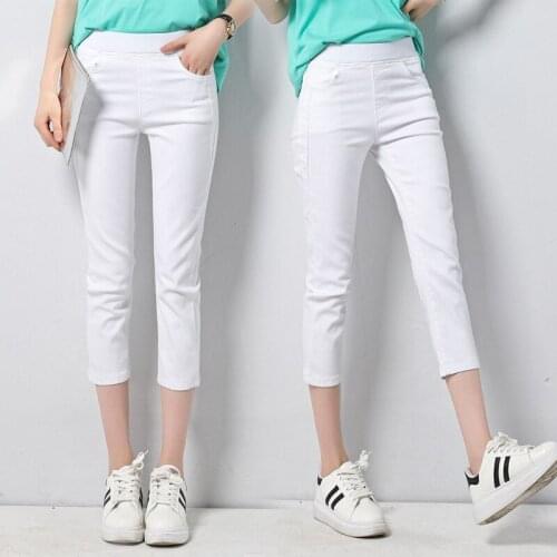 Large Size Calf Length Pants Female Summer Capris Jeans Mom Elastic High-Waisted Stretch Denim Pencil Pants Women