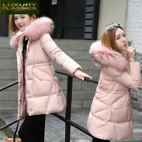 Long Winter Jacket Women Down Coats Female Large Fur Hooded Clothes Thick Warm Duck Down Jackets Pink Outwear LWL1109