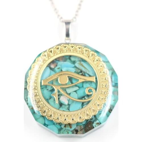 FYSL Light Yellow Gold Color Eye of Horus Green Turquoises Stone and Resin Pendant Orgone Energy Necklace Round Jewelry