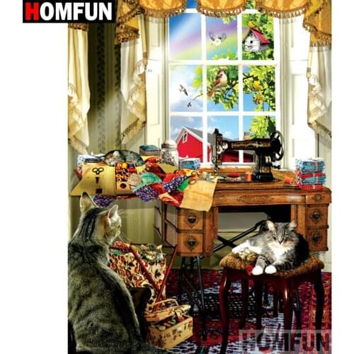 HOMFUN Square/Round Drill 5D DIY Diamond Painting "Cat sewing machine bird" Embroidery Cross Stitch Full Rhinestone Decor A26101