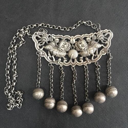 Chinese rare collectible Miao silver bronze handmade double lion amulet auspicious necklace pendant (Ya Jin lock) statue/3 style