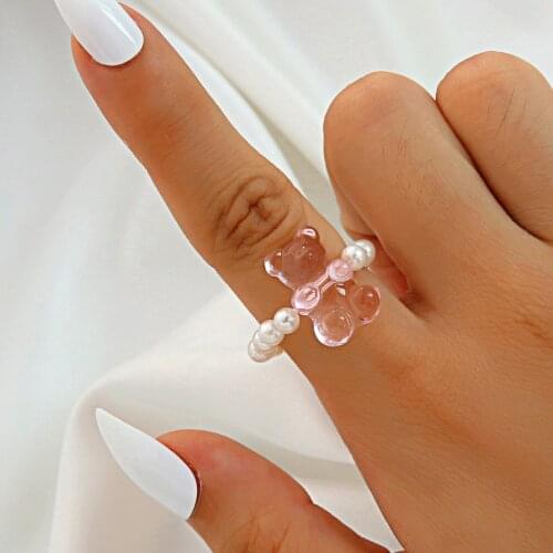 2021 ins New Cute Resin Bear Rings For Women Fashion Candy Color Acrylic Aesthetic Womens Ring Jewelry Set Accessories Gift