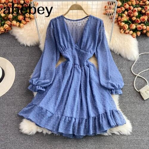 2021 New Spring Autumn French V-Neck long sleeve Dress Ruffles patchwork high waist pleated short solid color A-line Dress