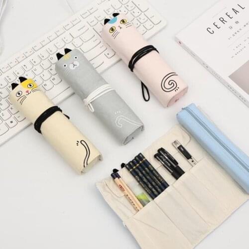 Creative Multi-function Curling Pen Bag Kawaii Cartoon Canvas Stationery Pencil Roll Curtain Pencil Pouch