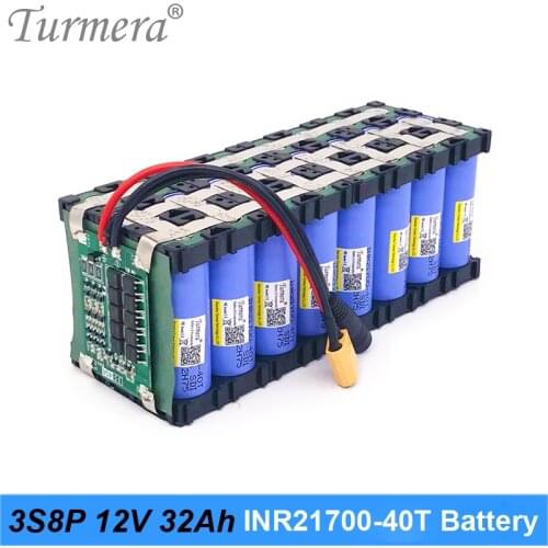 Turmera 12V 32Ah Lithium Battery 3S8P INR21700-40T 4000mAh 40A with 3S 40A BMS for Electric Pump Uninterrupted Power Supply 12V