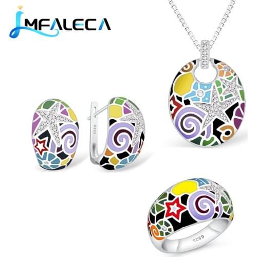 LMFALECA Women 925 Sterling Jewelry Sets Multicolor Enamel Pattern Clip Earrings Ring Necklace Fine Luxury Birthstone Jewelry