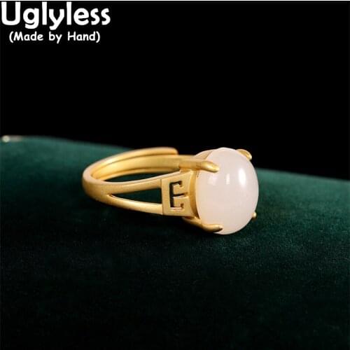 Uglyless Minimalist Women Evening Dress Rings Natural Green Jade Jasper Oval Gemstones Open Rings 925 Silver Fine Jewelry R903
