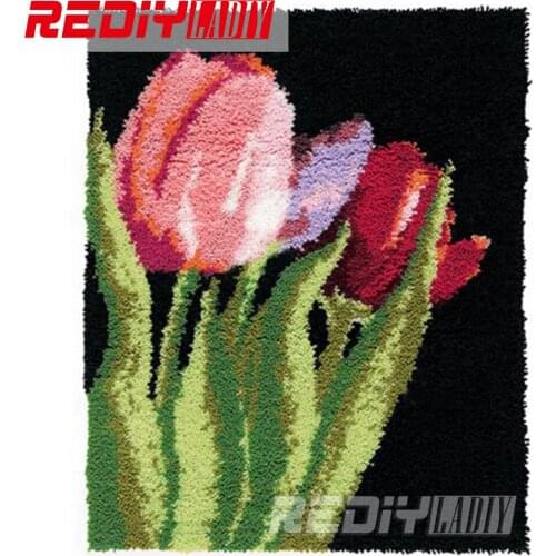 Latch Hook Rug Kits Unfinished Crocheting Tapestry 3D Yarn Needlework Cushion Sets for Embroidery Carpet Flowers Pink Rose Mat