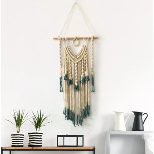 Wall Hanging Green and Beige Woven Tapestry Boho Chic Tassels Pendant Wall Art Bedroom Living Room Dorm Backdrop Home Decor