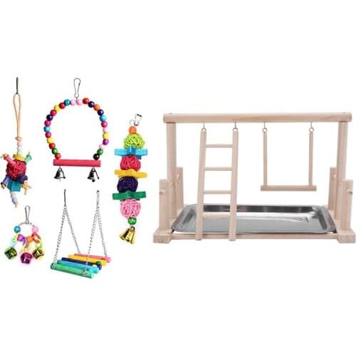 Bird Hanging Shredding Swing Chew-Birds Ladder Bell Toys & Wood Play Stand and Stainless Steel Tray Pet Bird Frame
