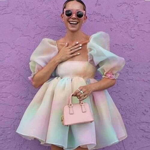 Casual Color Dress Girl Cute Tulle Square Collar Summer Dresses Traf Woman 2021 Party Short Dress Puff Sleeve Mini Ball Gown Top