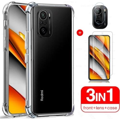 Clear soft silicone airbag protect shell for xiaomi pocophone poco little f3 f 3 3f pocof3 tempered glass camera protective film