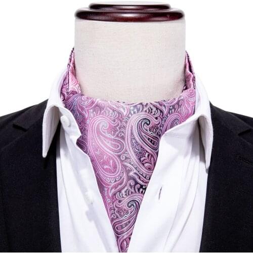 Silk Scarf Tie For Men Suit Pink Ascot Tie Paisley Mens Necktie Jacquard Set Pocket Square Cufflinks Barry.Wang AS-002