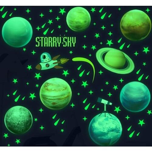 Luminous Solar System Planetary Wall Stickers Childrens Room Decoration Fluorescent Wall Stickers Green/Blue Light Stickers