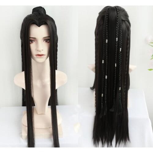 80cm Vintage Warrior Hair Long Black Anime Hair With Braid Hanfu Men Straight Movie Tv Play Prince Antique Photography Carnival