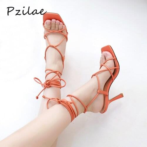 Pzilae 2021 Fashion Summer Women Sandals Narrow Band Vintage Square Toe High Heels Cross Strap Sandals Women Thin Heel Shoes