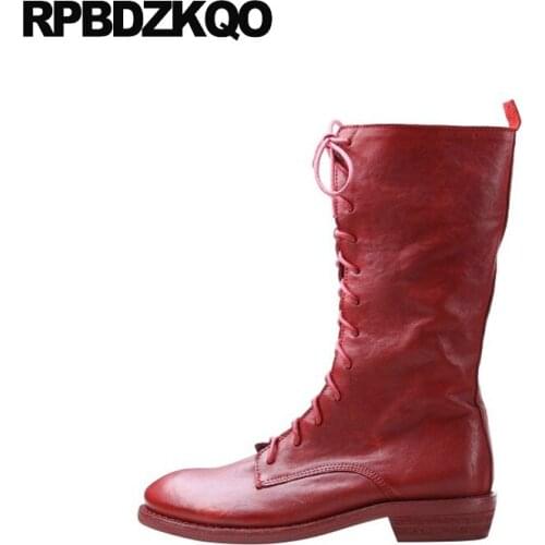 Fall Ladies Block Big Size White Genuine Leather European Red Boots Designer Shoes Women Luxury 2021 Chunky Round Toe Autumn New
