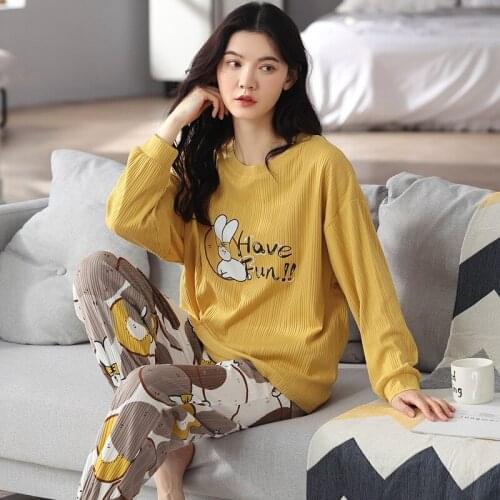 Womens Pajamas Set Spring Autumn Sleep Lounge Pajama Long Sleeve Woman Pajama Cartoon Pyjamas Sleepwear Plus Size Homewear