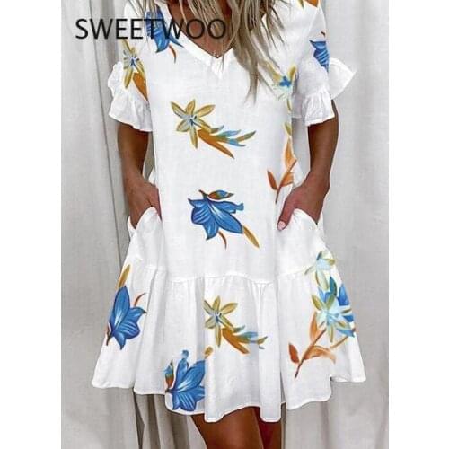 11 Colors Summer Pleated Dress with Pockets Womens Ruffled Sexy V-Neck Short-Sleeved Mini Dress Casual Loose Party Beach Dress