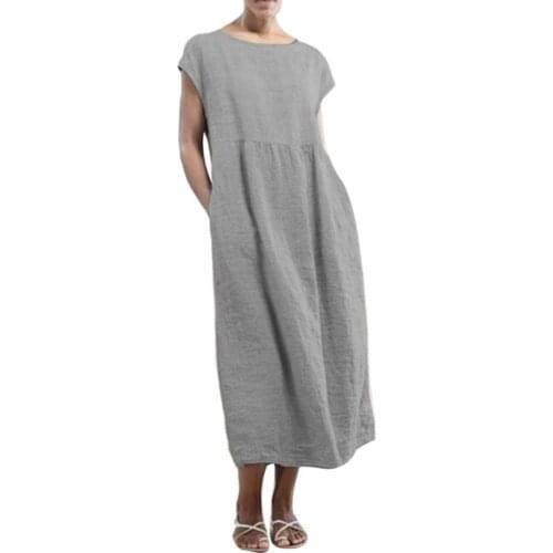 Casual Women Summer Solid Color Short Sleeve Baggy Beach Shift Kaftan Midi Dress Fashion Loose Ladies Vestidos for Home Wear