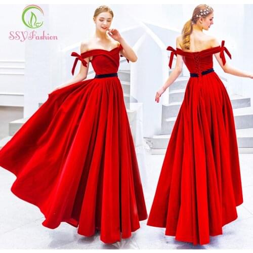 SSYfashion Elegant Boat Neck Lace Up Back Floor-Length Velour Red Evening Dresses Custom Party Prom Gown Vestidos De Fiesta