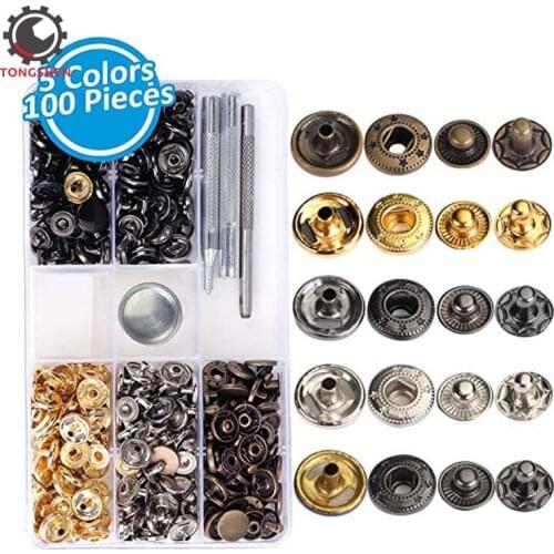 100 Sets Metal Snap Fasteners Snap Buttons Press Studs with Fixing Tools for Lether Cloth Jackets 5 Assorted Colors Jeans Butt