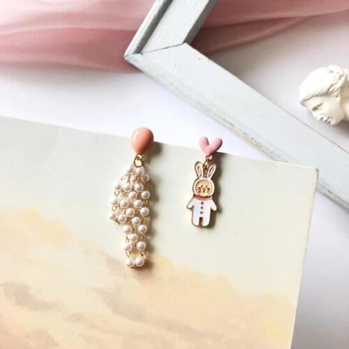 Asymmetric Tassel Pearls Beautiful Clip on Earrings No Pierced Non Piercing Ear Little Rabbit Love Long Earrings