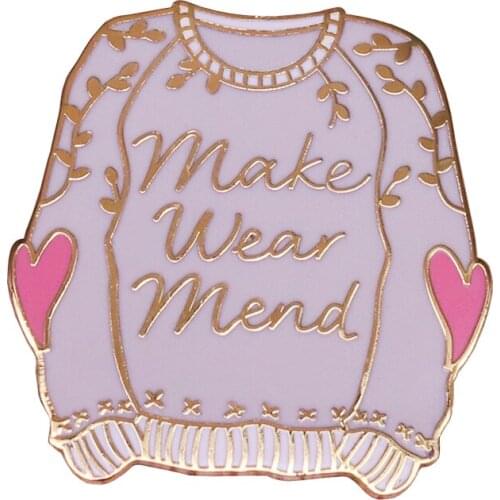 White sweater art enamel pin make wear mend badge yarn knitting brooch pink heart patches craft accessory