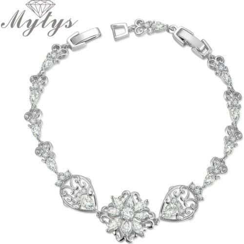Mytys White Gold Color Clearly Flower Crystal Link Chain Bracelet Fashion Jewelry for Women B1052