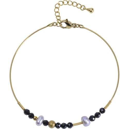 Vacuum gold plated steel wire spring hand beaded freshwater pearl semi precious stone open stainless steel bracelet manufacturer