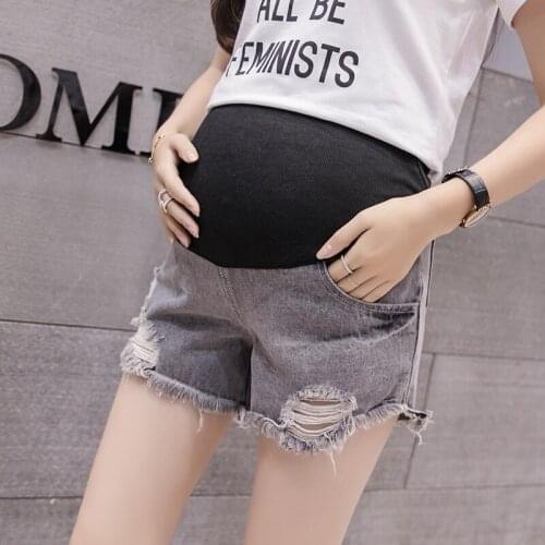 Denim Hole Shorts Maternity Jeans For Pregnant Women Shorts Trendy Denim Abdominal Elastic Waist Pregnancy Shorts Gravidas