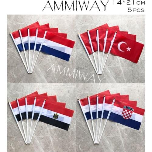AMMIWAY 14x21cm 5pcs Netherlands Turkey World Country Hand Waving Flag Egypt Croatia Hand Wave Flags with Plastic Flagpole
