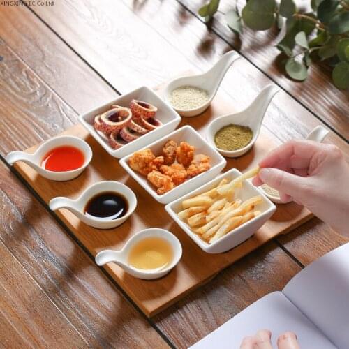 Creative Snack Plate Special Restaurant Divided Grid Ceramic Snack Dish Japanese Cuisine Sauce Dipping Dish Bamboo Wooden Tray