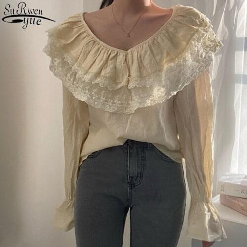 Ruffled V-neck Lace Shirt Women Korean Sweet Long Sleeve Women Tops and Blouse Office Lady Style Flare Sleeve Top Female 13976
